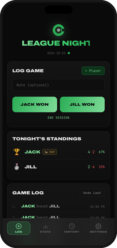 Log tab with one-tap winner buttons and tonight's standings